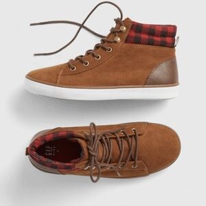 NWT Gap Vegan Suede Hightop Sneakers Tan With Red & Black Buffaloe Print Size 11
